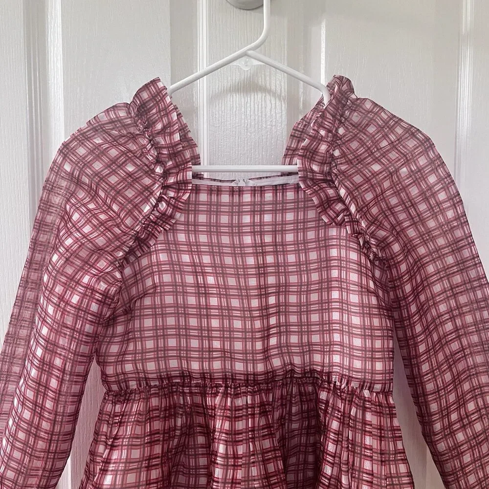 Crewcuts J.Crew Girl's Fairy-Tale Dress in Organza Plaid Ivory Vibrant Flame 12